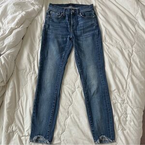 7 for all mankind mid-waisted skinny jeans with raw hem